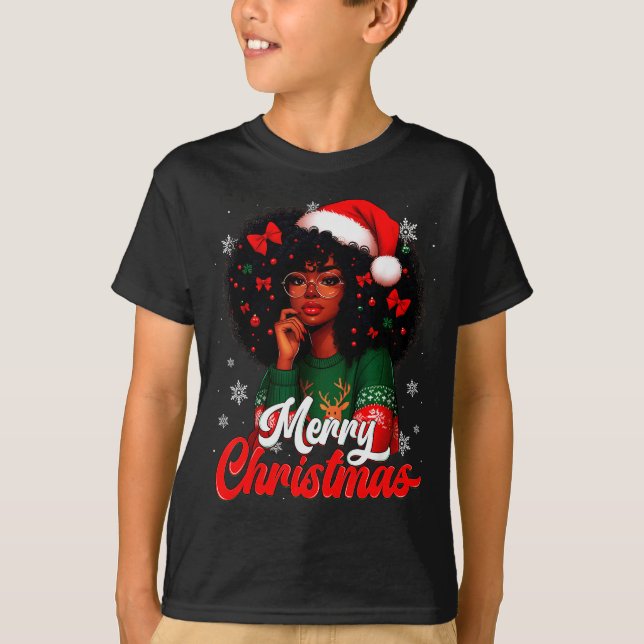 Camiseta Black Girl Santa Hat Merry Christmas Pajama Africa (Frente)