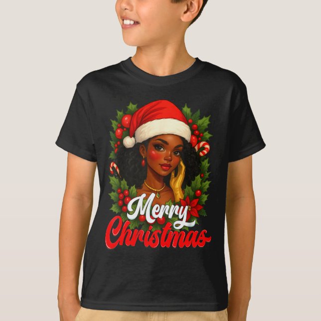 Camiseta Black Girl Santa Hat Merry Christmas Pajama Africa (Frente)
