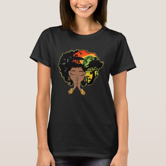 Camiseta Black History Afro Woman Praying God Melanin Queen (Frente)