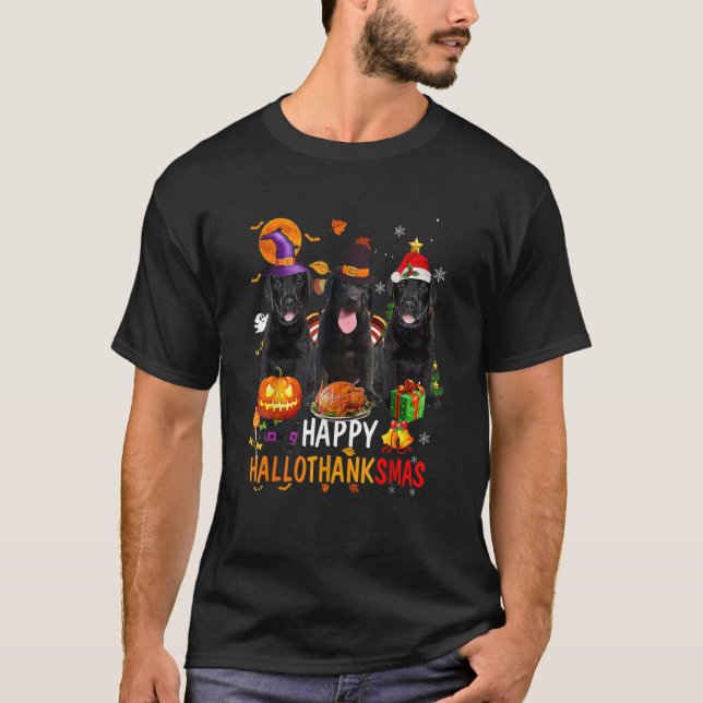 Camiseta Black Lab Dog Halloween Feliz Natal Feliz Hall (Frente)