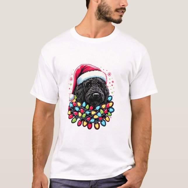 Camiseta Black Labradoodle Árvore de Natal Xmas Luz Doodal (Frente)