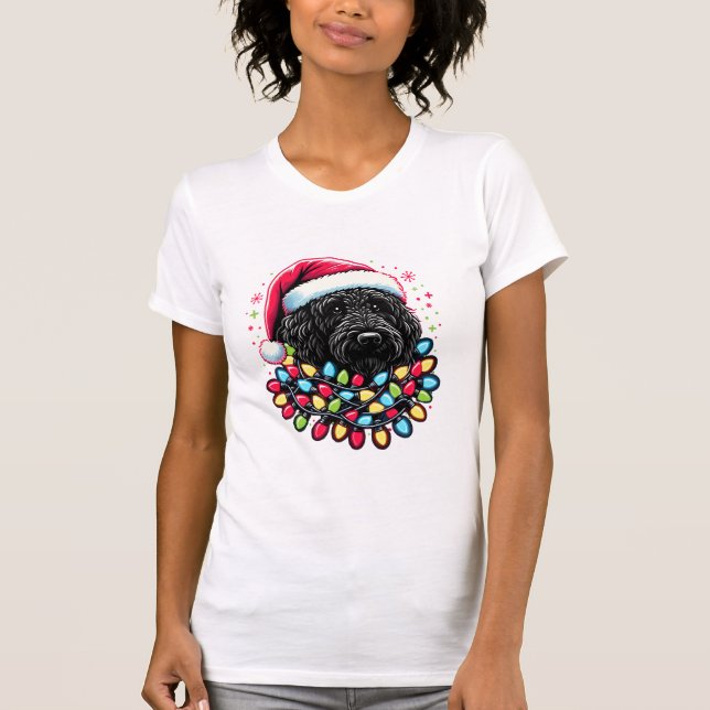 Camiseta Black Labradoodle Árvore de Natal Xmas Luz Doodal (Frente)