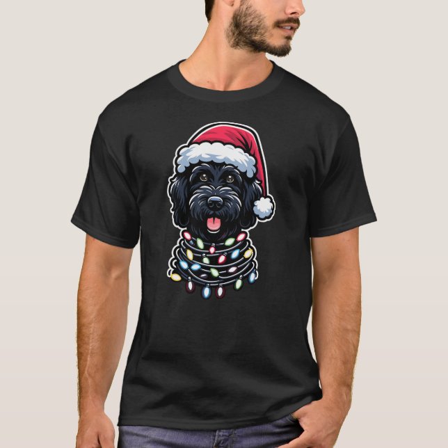 Camiseta Black Labradoodle Christmas Tree Lights Black Dood (Frente)