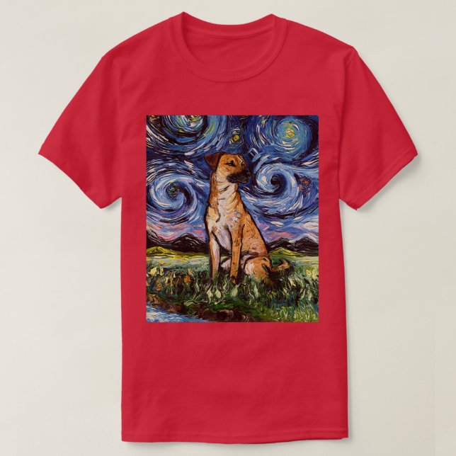 Camiseta Black Mouth Cur Starry Night Dog Arte Animal de Aj (Frente do Design)