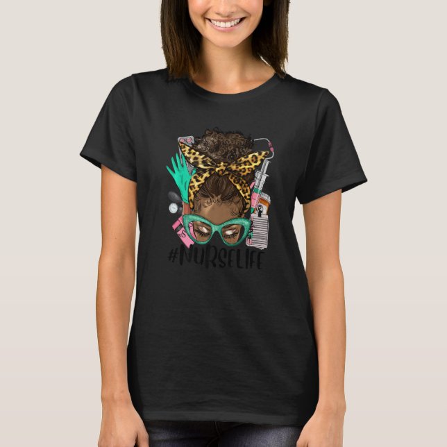 Camiseta Black Nurse Life Afro Hair Messy Bun Leopard CNA N (Frente)