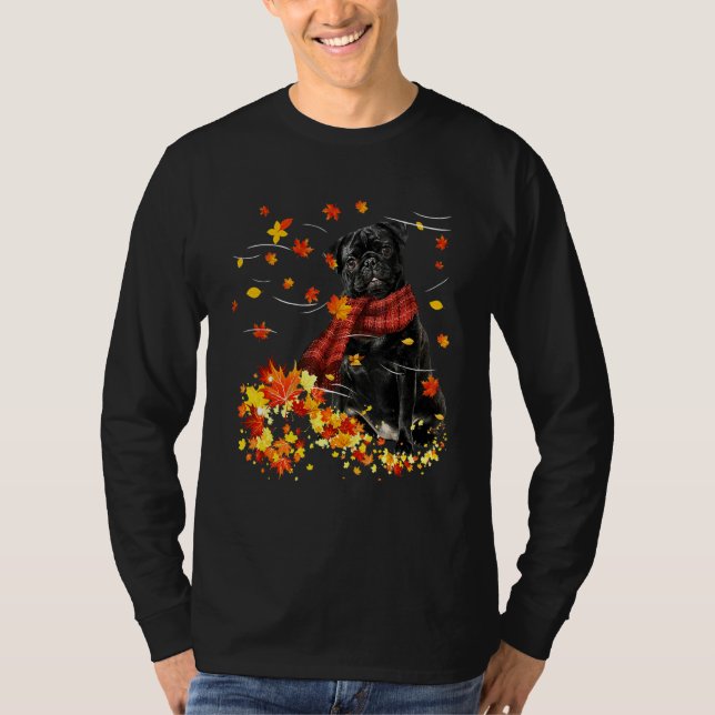 Camiseta Black Pug Fall Red Scarf Autumn Leaf  For Dog (Frente)