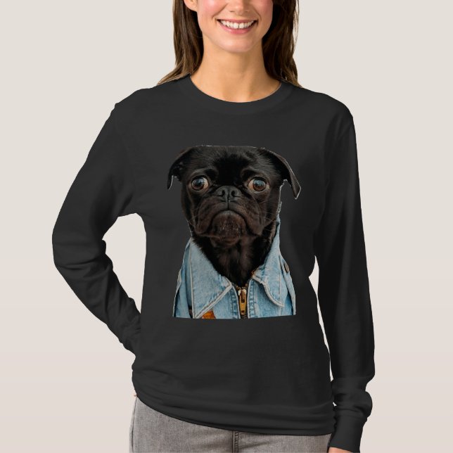 Camiseta Black Pug in Jeans Sticker Classic T-Shirt 181 (Frente)