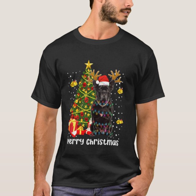 Camiseta Black Pug Papais noeis Árvore de Natal Luzes Xmas  (Frente)