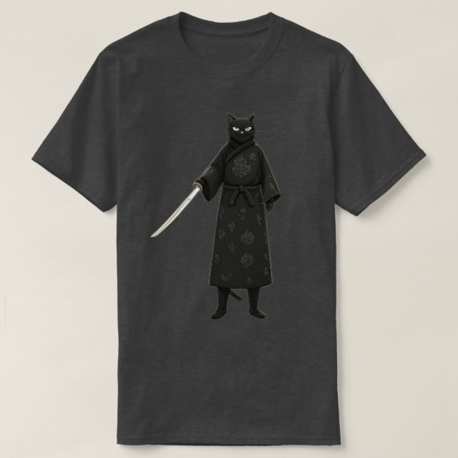 Camiseta Black Samurai Cat Black Kimono (Frente do Design)