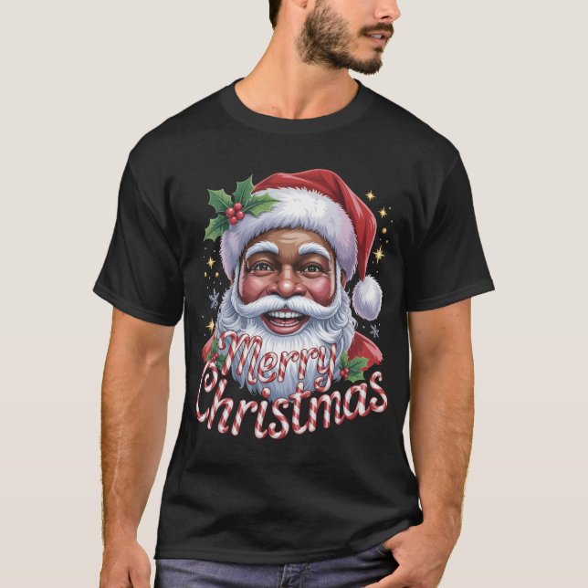 Camiseta Black Santa Claus Merry Christmas Shirt African Am (Frente)