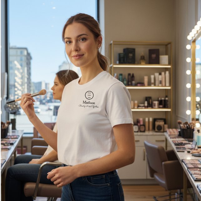 Camiseta Black Script Employee Name Business Logo Makeup (Criador carregado)