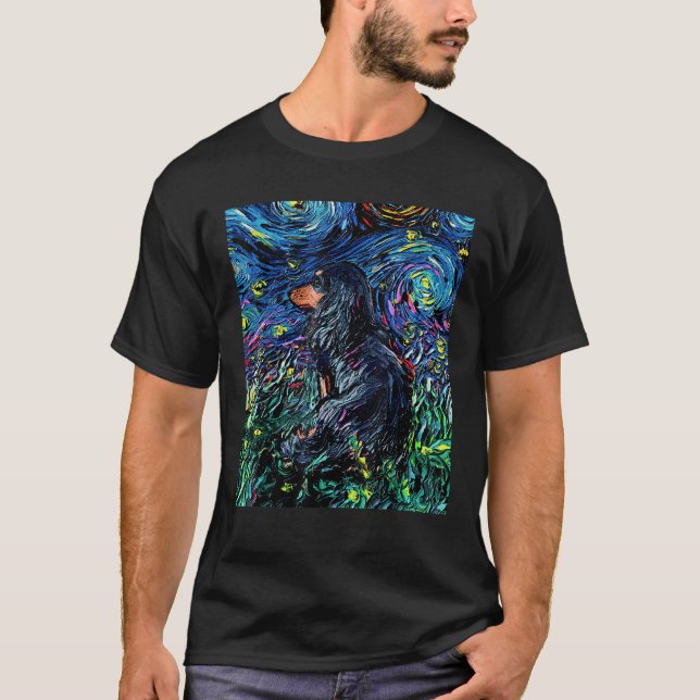 Camiseta Black Tan Long Hair Dachshund Starry Night Dog Art (Frente)