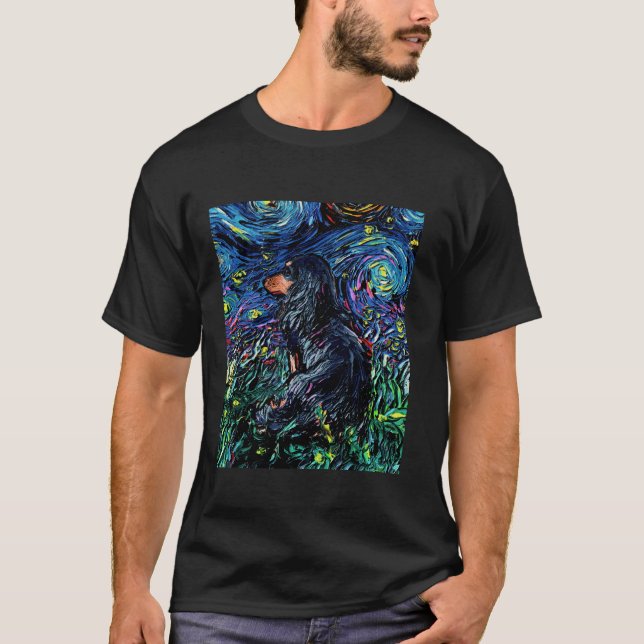 Camiseta Black Tan Long Hair Dachshund Starry Night Dog Art (Frente)