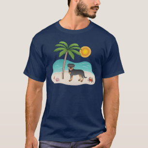 Camiseta Black & Tan Rottweiler Em Uma Praia Tropical De Ve