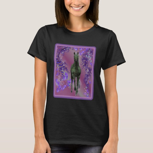 Camiseta Black Unicorn Flowers Fantasy Horse Art (Frente)
