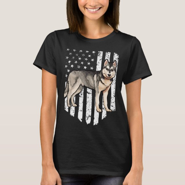 Camiseta Black White American Flag Siberian Husky 4th Of Ju (Frente)