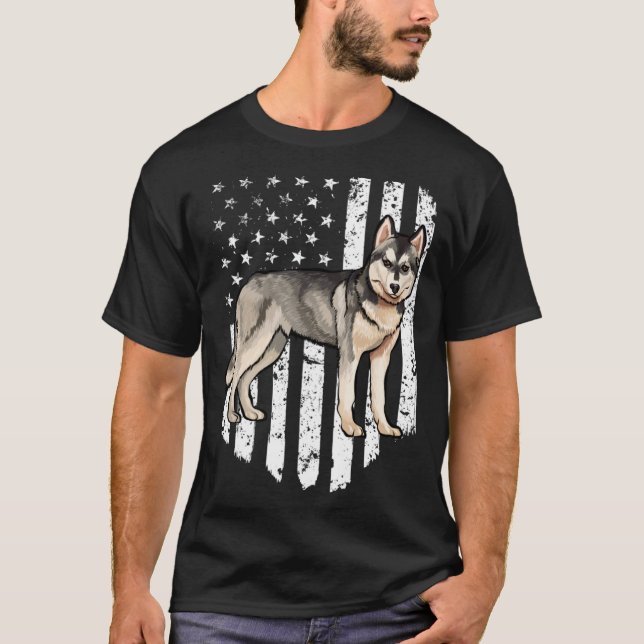Camiseta Black White American Flag Siberian Husky 4th Of Ju (Frente)