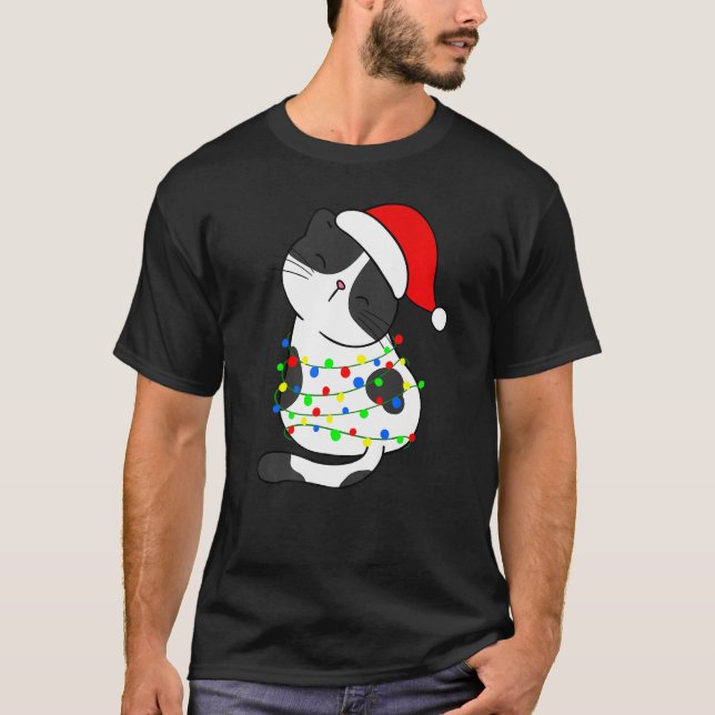 Camiseta Black White Cat Christmas Tree Lights Santa Hat Ca (Frente)