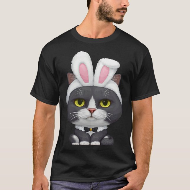 Camiseta Black & White Cat in the Easter Bunny Costume (Frente)