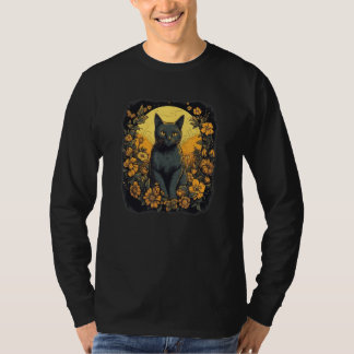 Camiseta black yellow cat portrait with wild flowers and mo