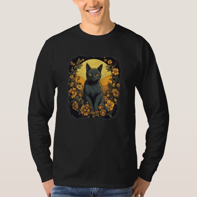 Camiseta black yellow cat portrait with wild flowers and mo (Frente)