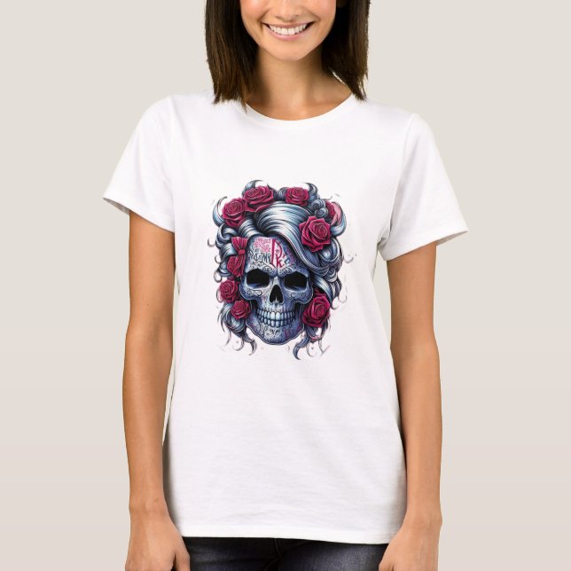 Camiseta blanca de calavera con flores rojas (Frente)