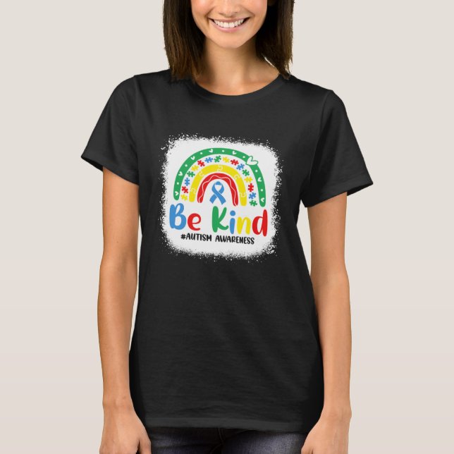 Camiseta Bleached Be Kind Rainbow Blue Ribbon Autism Awaren (Frente)