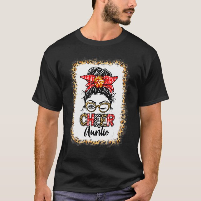 Camiseta Bleached Cheer Auntie Cheerleading Messy Bun Leopa (Frente)