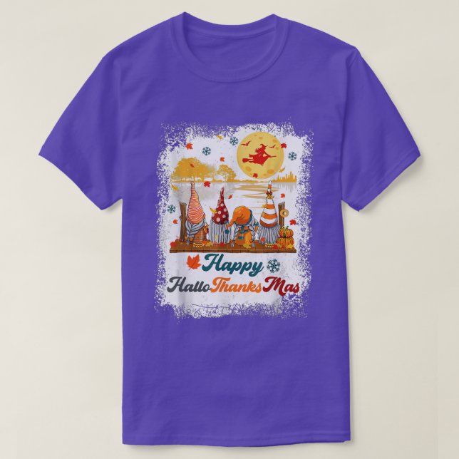 Camiseta Bleached Happy Hallothanksmas Gnomes Witch Hallowe (Frente do Design)