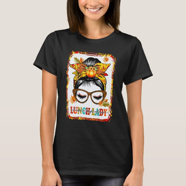 Camiseta Bleached Messy Bun Lunch Lady Thankful Grateful Bl (Frente)