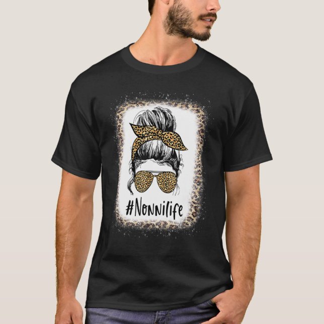 Camiseta Bleached Nonni Life Messy Hair Bun Leopard Mother' (Frente)
