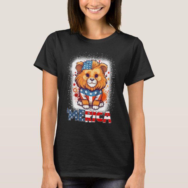 Camiseta Bleached Patriotic Lion 4th of July Fireworks Meri (Frente)