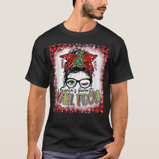 Camiseta Bleached Santa's Favorite Nail Tech Messy Bun Chri