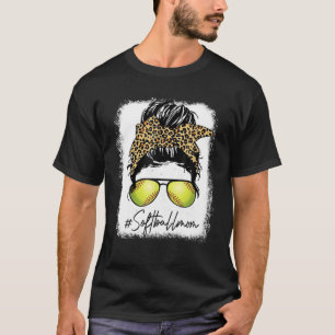 Camiseta Bleached Softball Mom Life Leopard Messy Bun Game