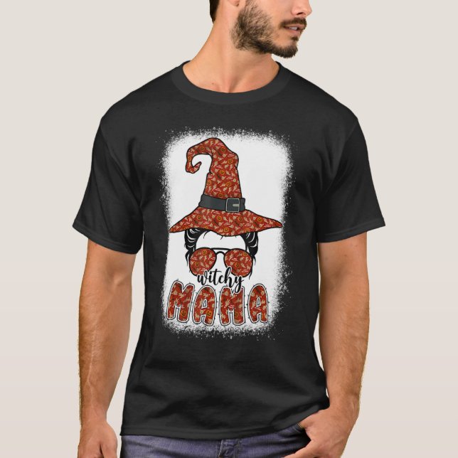 Camiseta Bleached Witchy Mama Halloween Messy Bun Wity Mãe (Frente)