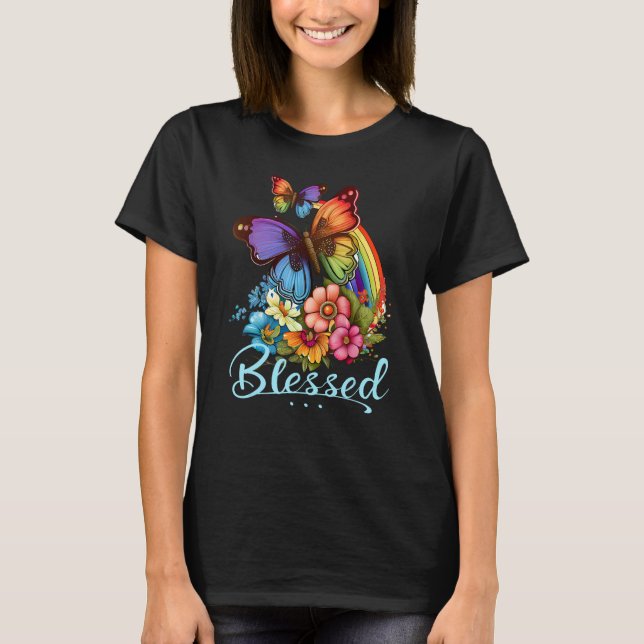 Camiseta Blessed Christian Butterfly Pretty Floral Rainbow  (Frente)
