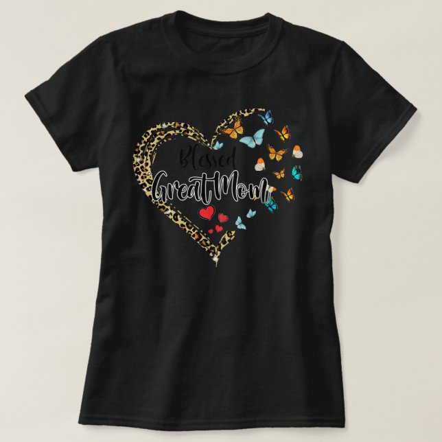 Camiseta Blessed Great Mom Butterfly Heart Leopard Great (Frente do Design)
