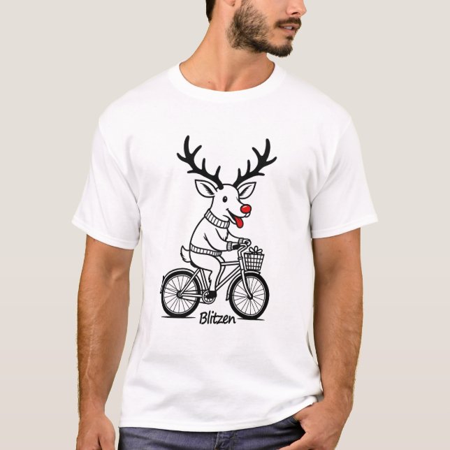 Camiseta Blitzen The Reindeer Riding a Bike  (Frente)