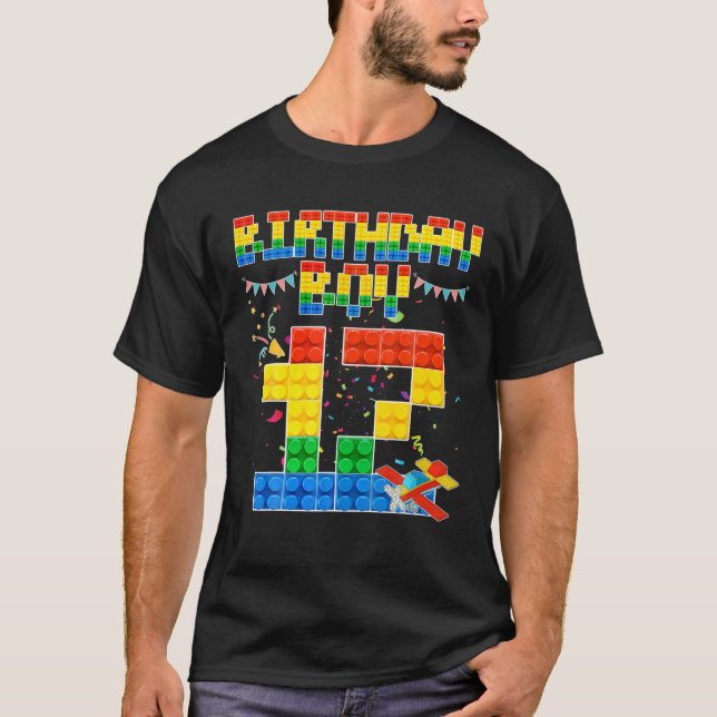 Camiseta Bloco de Edifício de Garoto de Aniversário de 12 (Frente)