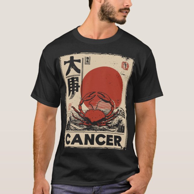 Camiseta Bloco de Madeira Japonês - Cancer Zodiac | Red Sun (Frente)