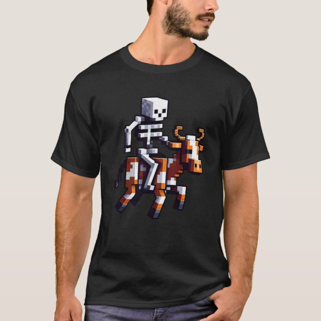 Camiseta Bloco Gráfico de Caubói Esqueleto em Pixel Art Blo (Frente)