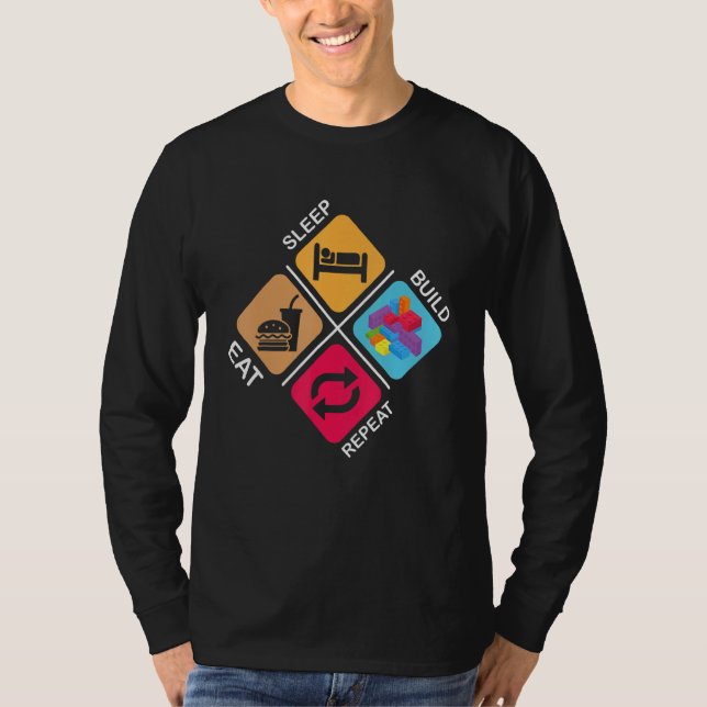 Camiseta Blocos Construindo ideias Dormindo Comer Comer Rep (Frente)