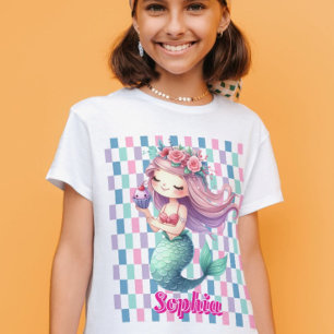 Camiseta Blocos de sereia padrão nome rosa