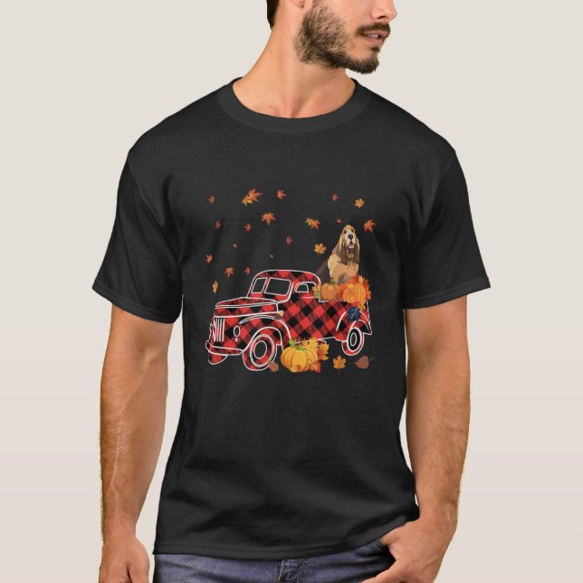 Camiseta Bloodhound Riding Leopard Plaid Truck Thanksgiving (Frente)