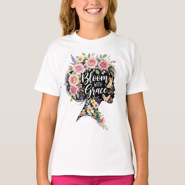 Camiseta Bloom com a Grace Elegante Arte Inspiracional Flor (Frente)