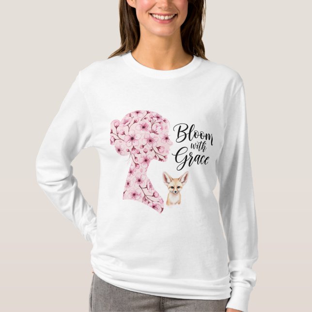 Camiseta Bloom com Grace - Design Silhouette da Mulher Flor (Frente)