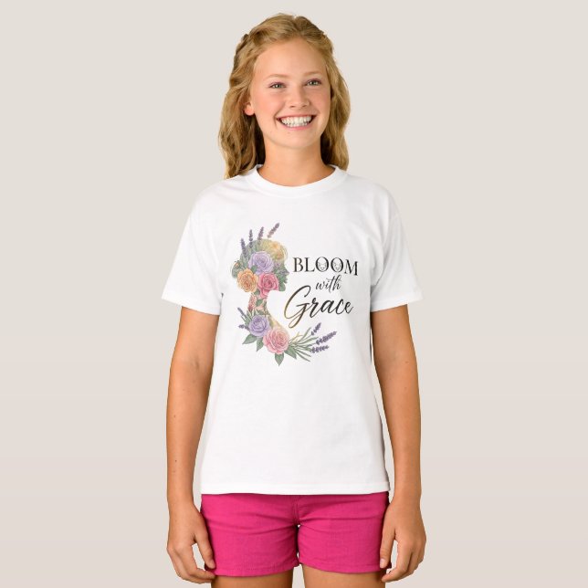 Camiseta Bloom com Grace Elegant Floral Woman Silhouette (Frente Completa)