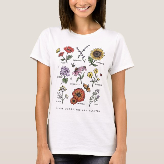 Camiseta Bloom Onde Você Planta Flores Botânicas (Frente)