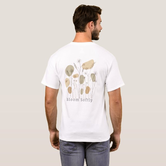 Camiseta Bloom Softly — Minimalist Wildflower Line Art  (Parte Traseira Completa)
