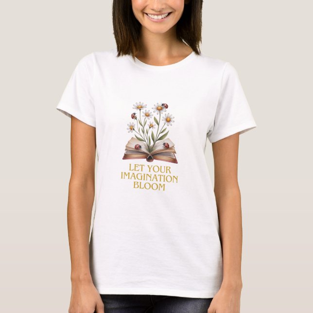 Camiseta Blooming Book. Deixe sua imaginação desabrochar (Frente)